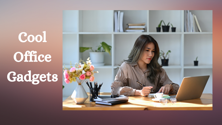 A beautiful lady working in an office filled with cool office gadgets and stylish decorations