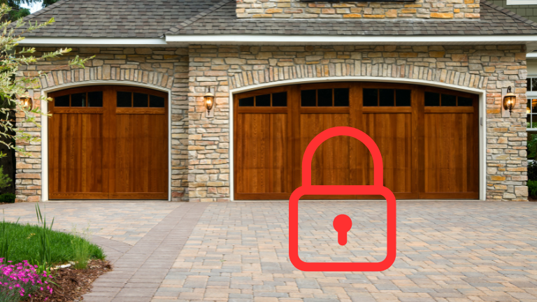 Driveway security with a symbolic lock in front of a beautiful home's entrance