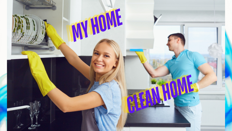 Happy couple cleaning their kitchen with modern home cleaning gadgets