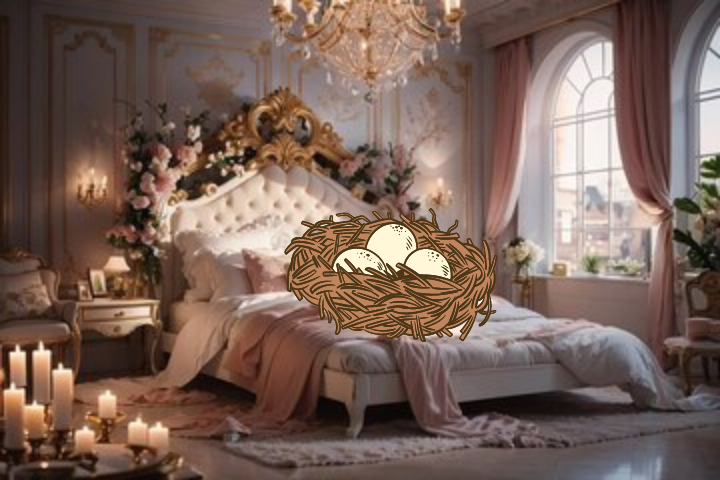 A beautiful nest bedroom gadgets, with birds nest on top of bed.