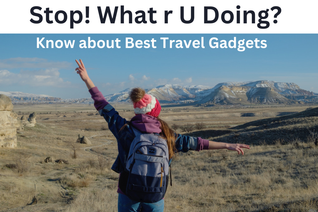 Woman traveling across a scenic field with hills, carrying essential travel gadgets in her backpack.