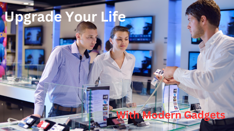 Couple receiving a briefing on modernelectronics from a shopkeeper in a store