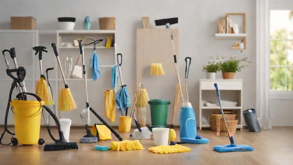 Cleaning Tools and Equipment's on the floor of a house