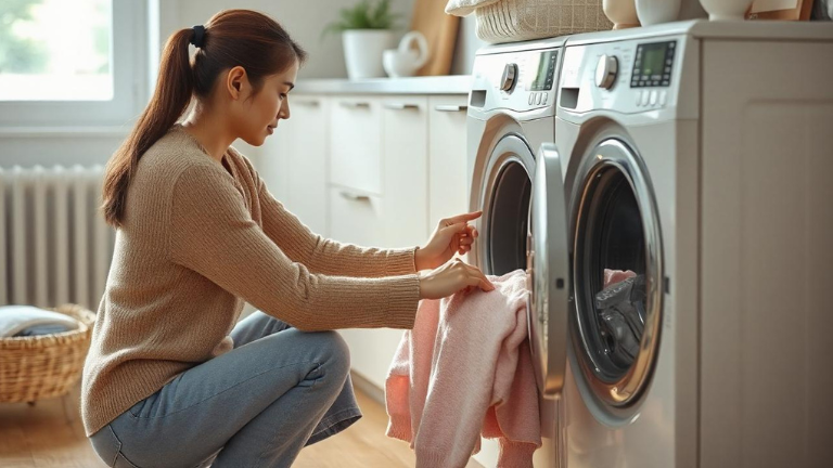 Beautiful Chinese woman using clothes washer and dryer combo unit