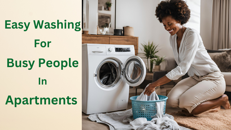 Beautiful woman using a portable washer and dryer for apartments in a cozy modern apartment