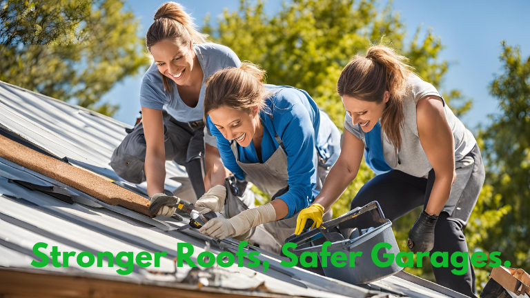 Three women repairing garage roof on a sunny day - How to Repair Garage Roof